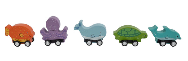 A collection of five Jack Rabbit Creations Pull Back Ocean Creatures, colorful wooden toys painted with non-toxic paints, shaped like different ocean creatures on wheels.