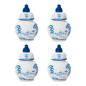 The Juliska Country Estate Place Card Holder Set includes four Delft Blue miniature ginger jars with blue lids and scenic house, tree, and hill designs—ideal as unique place card holders or charming table decor.