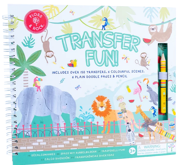 Children's Floss and Rock Jungle Transfer Fun activity book with eco-friendly transfer stickers and coloring tools on a white background.