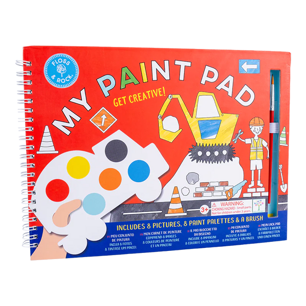 A Floss and Rock My Painting Construction with eco-friendly art supplies and illustrations on the cover, including a palette, paint tubes, and a cartoon of a child painting.
