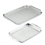 The Hestan Provisions OvenBond Tri-ply 3-Piece Set includes two warp-resistant half sheet pans—one with a removable wire rack and one plain—showcasing durable, stainless steel ovenware.