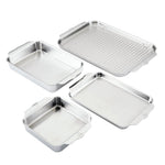 The Hestan Provisions OvenBond Tri-ply 5-Piece Set includes four warp-resistant stainless steel pans—two deep pans, a Half Sheet Pan tray, and a wire rack—displayed on a white background.