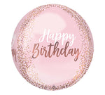 The Signature Balloon by Burton+Burton is a pink circular balloon adorned with rose gold accents, beautifully displaying the words "Happy Birthday" in white and gold lettering. It's perfect for pairing with floral arrangements to create a stunning celebration. Local delivery is available.