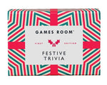 A rectangular "Festive Trivia" box from Chronicle Books features a red, green, and white geometric pattern—ideal for bringing excitement to your Christmas party or testing your holiday trivia knowledge.