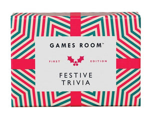 A rectangular "Festive Trivia" box from Chronicle Books features a red, green, and white geometric pattern—ideal for bringing excitement to your Christmas party or testing your holiday trivia knowledge.