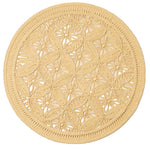 The Cleo Placemat by Blue Pheasant is a round beige placemat with an intricate floral and geometric design, finished with elegant braided edges.