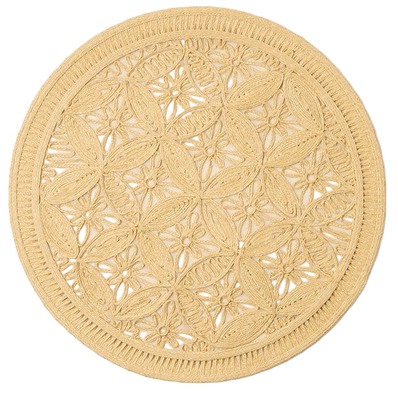 The Cleo Placemat by Blue Pheasant is a round beige placemat with an intricate floral and geometric design, finished with elegant braided edges.