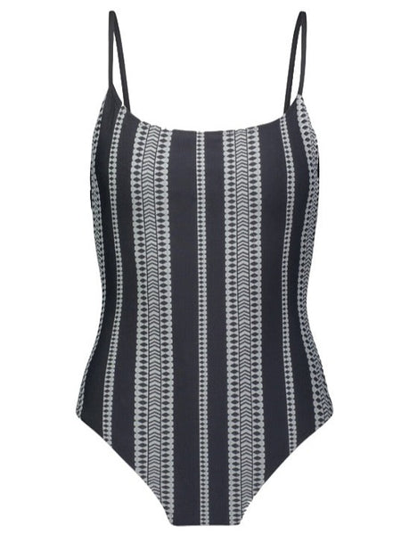 A black and white striped one piece swimsuit perfect for a stylish and trendy beach or pool look. Lemlem