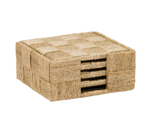 The Jasby Coaster Set by Blue Pheasant features four matching handwoven abaca coasters with a subtle checkered pattern in a woven straw holder, shown against a white background.