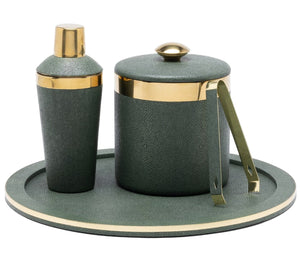 The Langston Bar Collection by Blue Pheasant includes a green and gold cocktail shaker, ice bucket with lid and tongs, plus a matching round tray—stylish bar essentials for your home.