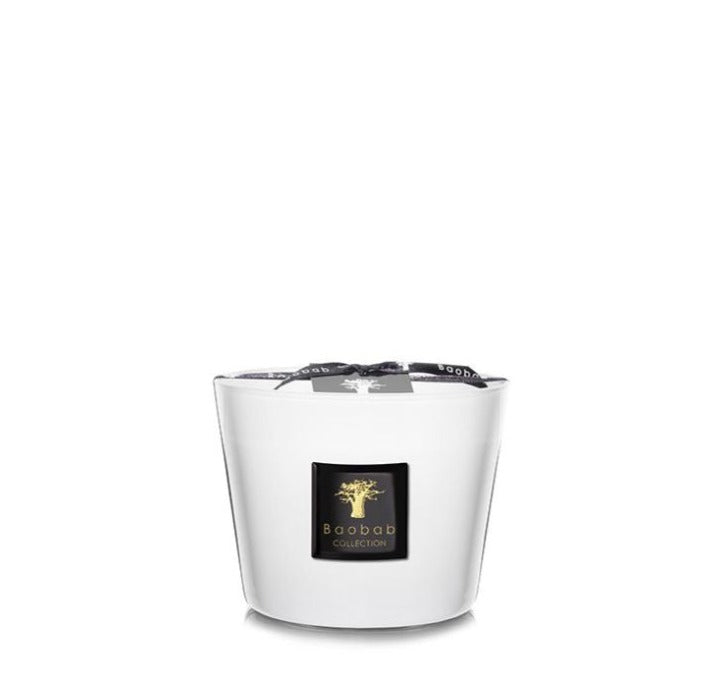 A white Baobab Collection Les Prestigieuses Pierre De Lune candle with a black logo and a black ribbon, isolated on a plain background.