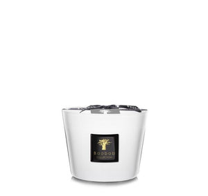 A white Baobab Collection Les Prestigieuses Pierre De Lune candle with a black logo and a black ribbon, isolated on a plain background.