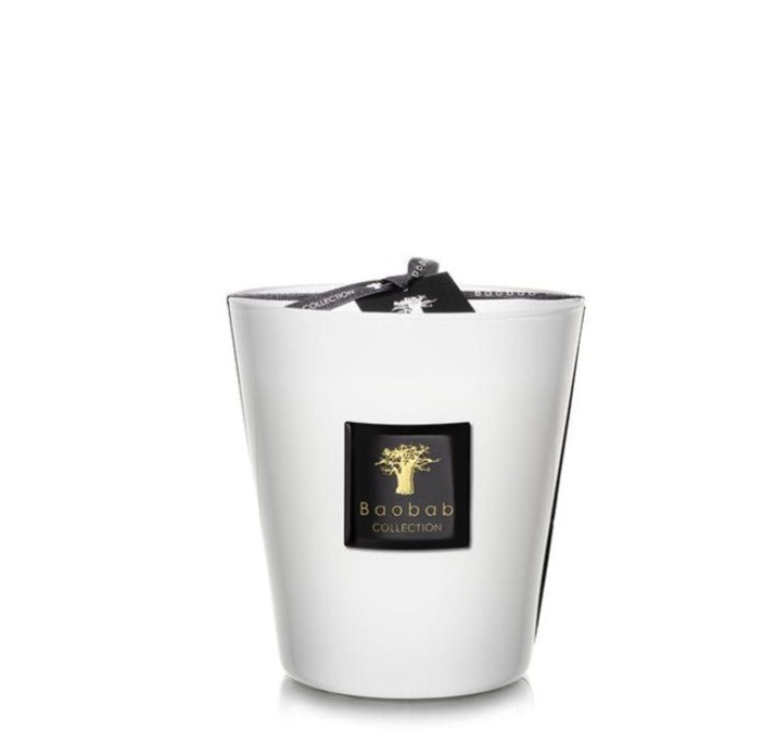 A Pierre De Lune candle by Baobab Collection in a white jar with a black label on a plain background.