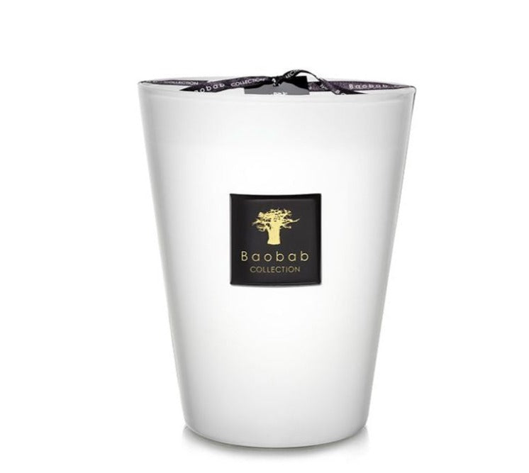 A white Baobab Collection Les Prestigieuses Pierre De Lune candle with a black logo on the front, displayed on a white background.