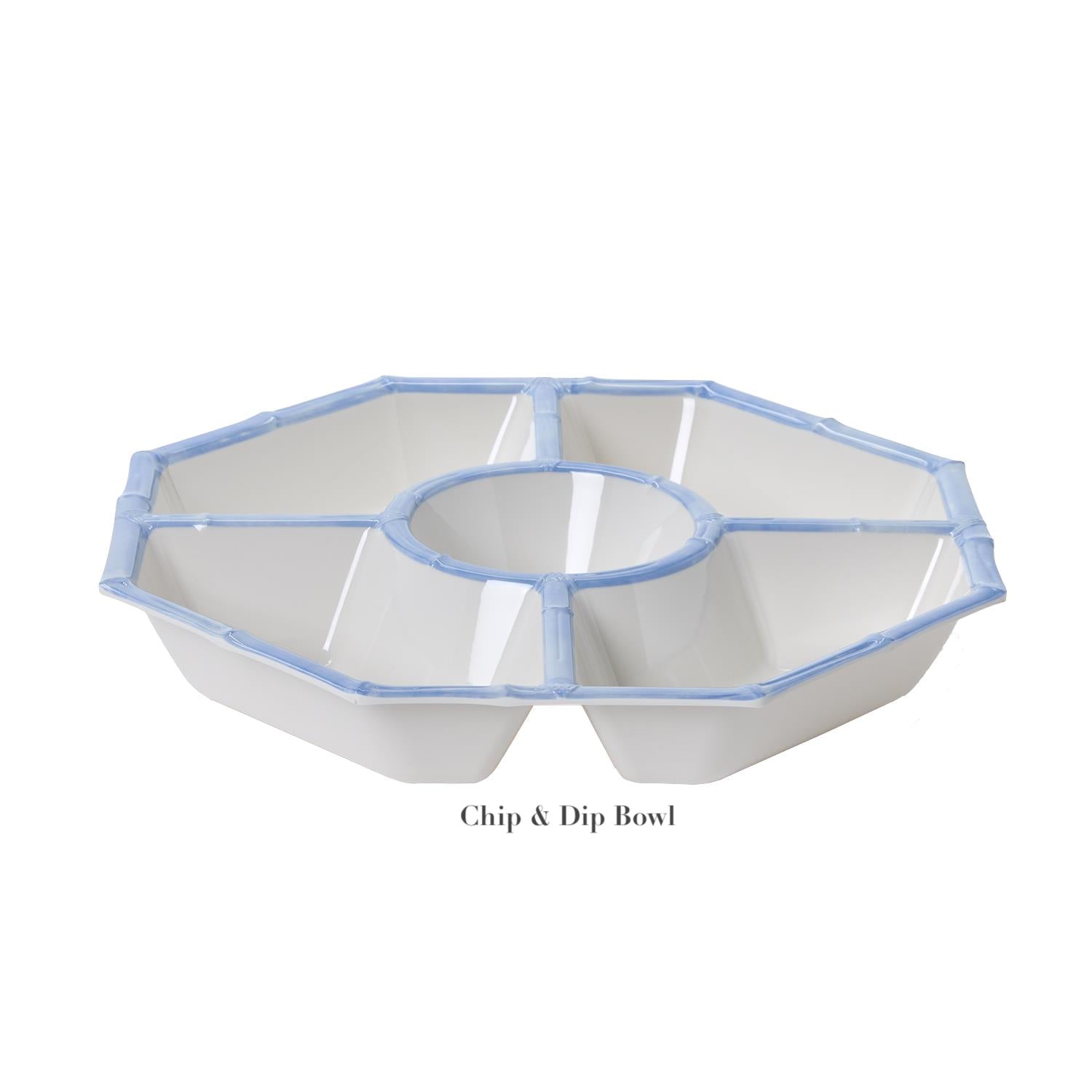 The Melamine Bamboo Dinnerware Collection by Two's Company features a white octagonal chip and dip bowl with a French Blue rim, made from shatter-resistant melamine—a stylish, durable choice for entertaining with central dip and outer snack sections.