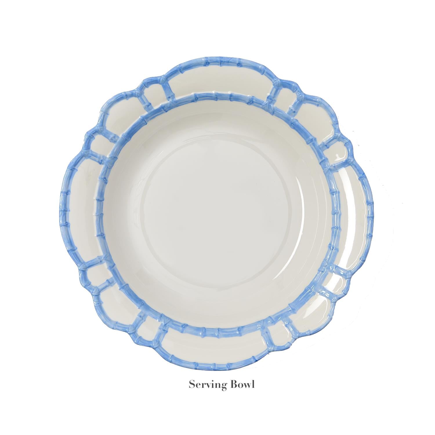 A white serving bowl from the Melamine Bamboo Dinnerware Collection by Two's Company features a decorative rim and scalloped edges. Shown from above on a plain background with the label "Serving Bowl" below.