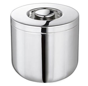 The Christofle Oh de Christofle Insulated Ice Bucket is a double-walled stainless steel bucket with a flat lid and knob handle, displayed against a white background.