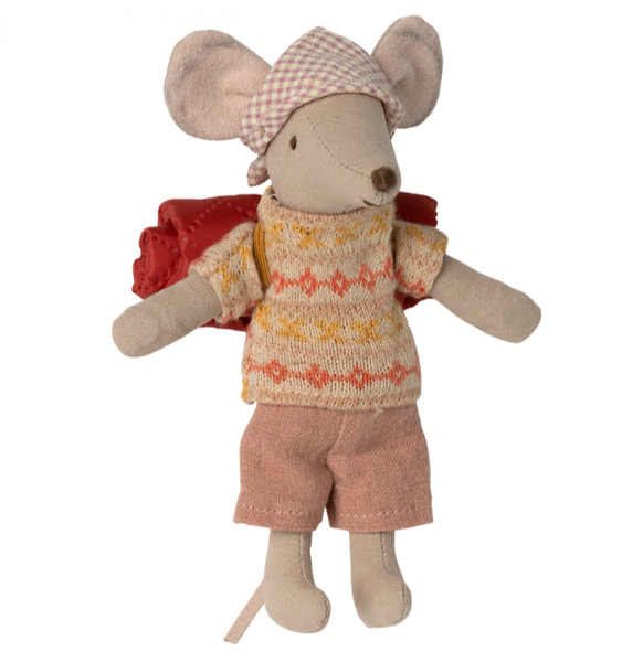 Sentence with replacement: Maileg Hiker Mouse, Big Sister dressed in a sweater and shorts with a cape on the back, part of the hiker collection toys.