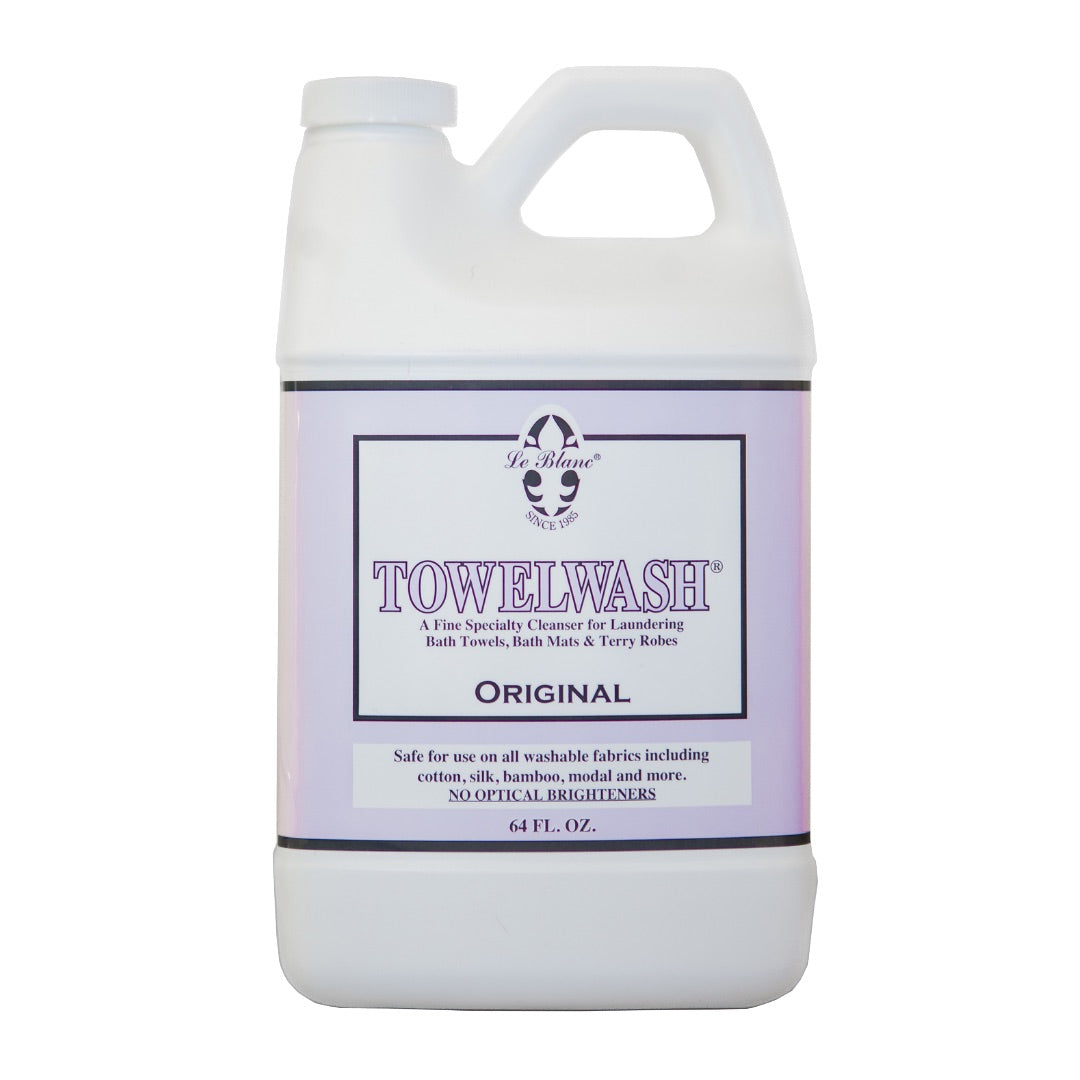 A 64 fl. oz. bottle of Le Blanc Towel Wash, a specialty cleanser for laundering absorbent towels, mats, and robes—safe for washable and organic fabrics and free of optical brighteners.