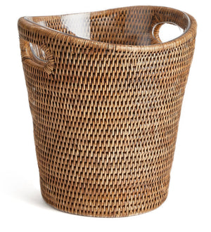 The Napa Home & Garden Burma Rattan Beverage Tub features a round woven wicker design with two handles and an open top—ideal for stylish decorative organization in any interior space.