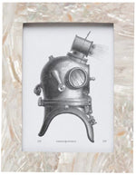 A black and white illustration of a vintage diving helmet is centered on white, framed by an iridescent kabibe-inspired border from the Aurora Frame Collection by Pigeon & Poodle.