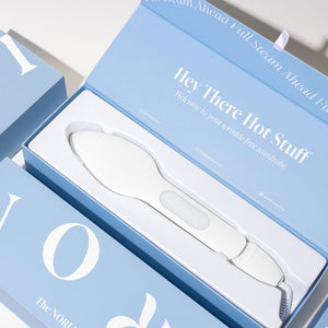 The Nori Press Steam Iron by Nori Inc comes in a blue box featuring "Hey There Hot Stuff" on the inner lid and is a white handheld steamer perfect for travel.