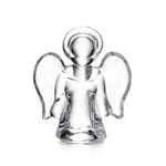 The Simon Pearce Angel Collection features handmade glass ornaments with clear figurines, delicate wings, and halos, crafted by skilled artisans and designed to stand upright on a white background.
