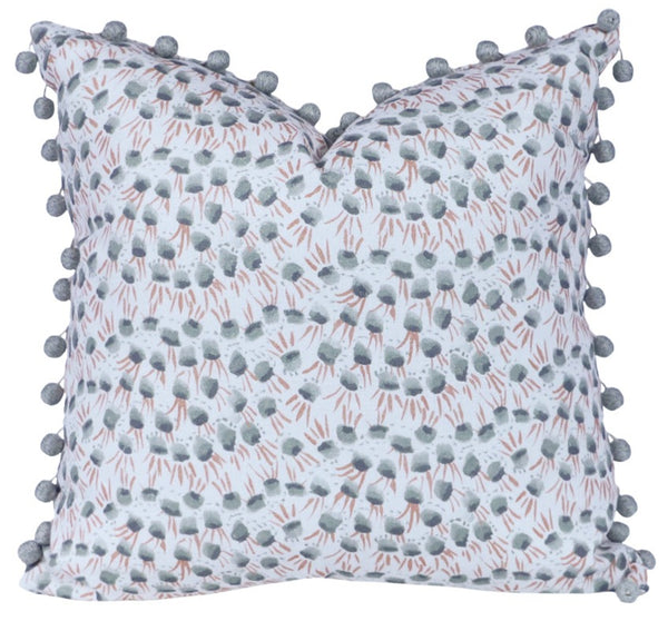 Crabby Claws Twilight Pillow by Edgar Custom Drapery with pom-pom edges and a coral pattern design, featuring a handmade, down-filled construction.