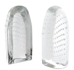 The Dewdrop Iceberg Bookends by Global Views feature two upright, clear glass sculptures with frosted and polished finishes, showcasing curved lines of tiny air bubbles inside—evoking floating icebergs.