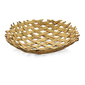 The Michael Aram Palm Centerpiece Shallow Bowl is a round bowl with sculpted textures, crafted from interwoven light brown wooden strips, shown against a white background.