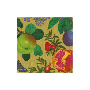 The Caspari Royal Orchid Gold Collection square napkin features a vibrant fruit and butterfly pattern on yellow—ideal for adding a cheerful touch to your party supplies or table settings.