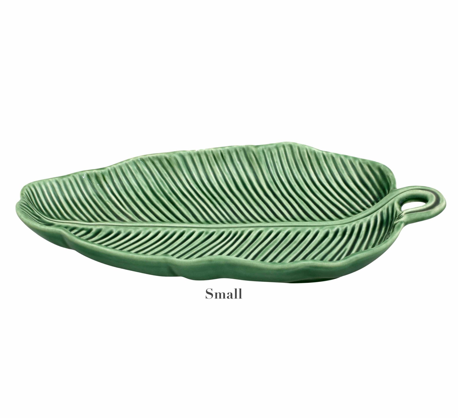 From the Bordallo Pinheiro Banana Leaves Platter Collection, this green ceramic leaf-shaped dish has textured ridges and a small handle. Labeled "Small" beneath, it complements Bordallo Pinheiro’s signature style beautifully.
