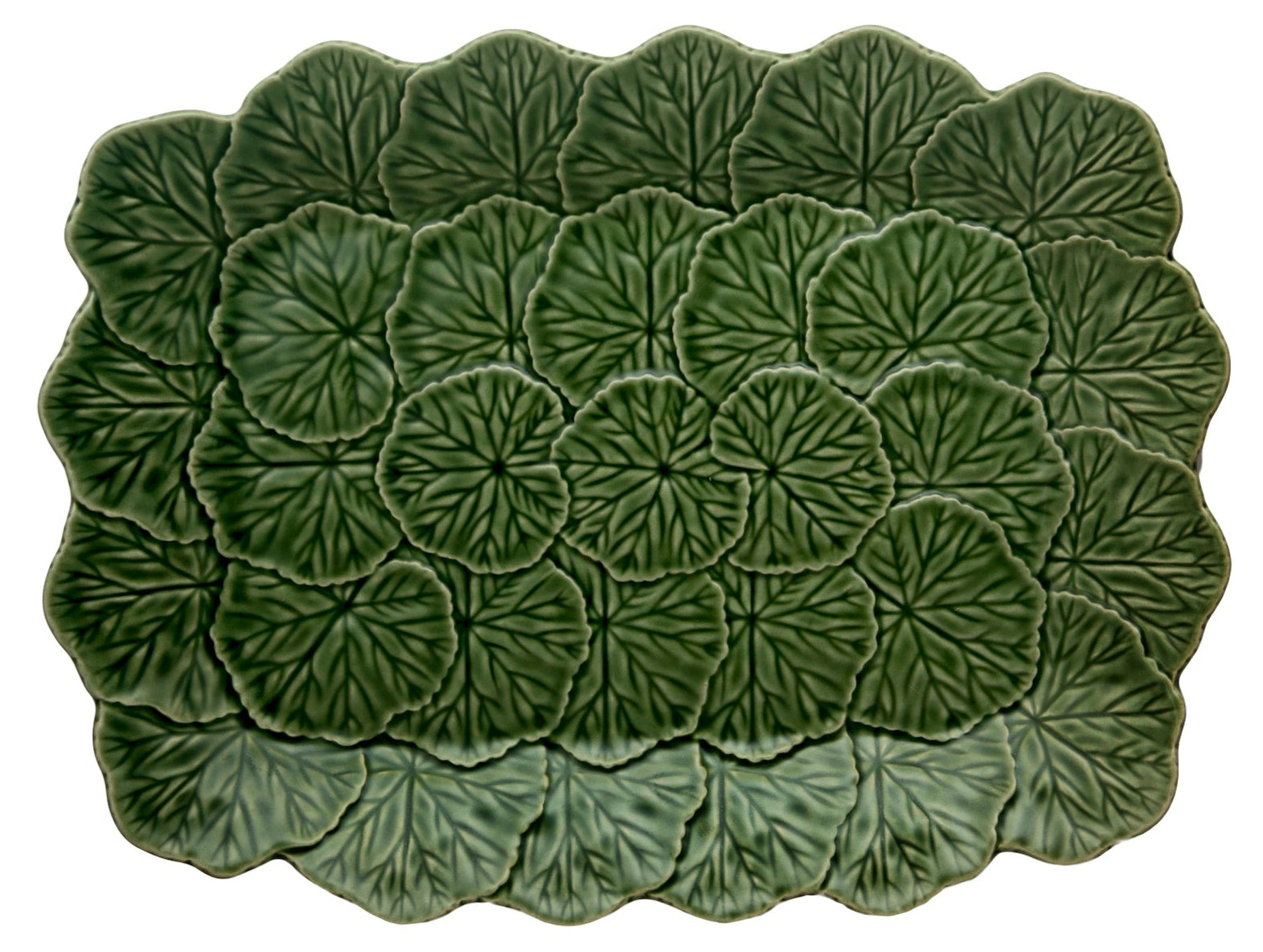 The Hive Geranium Leaf Serveware Collection features a rectangular ceramic platter with a textured green leaf design, bringing nature-inspired elegance and charm to any table setting.
