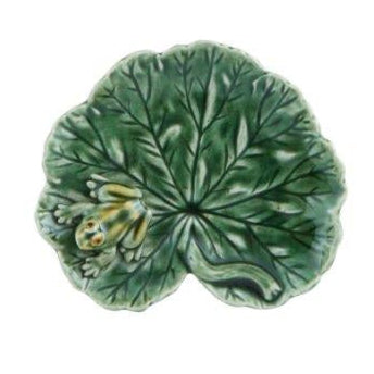The Bordallo Pinheiro Countryside Leaves Dish Collection features a green lily pad ceramic plate with a small frog—a whimsical home decor accent and perfect leaf-shaped catchall dish.