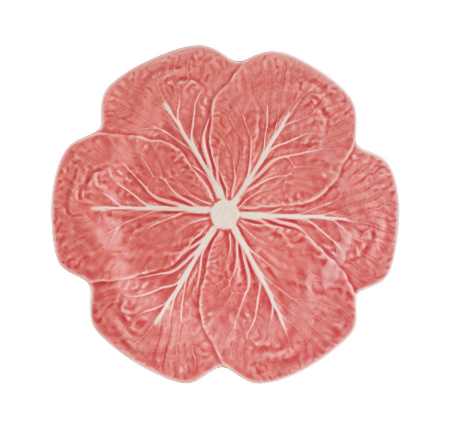 A pink plate from the Hive Pink Cabbage Leaf Dinnerware and Serveware Collection, shaped and textured like a five-petal flower with white vein details, shown from above on a white background.