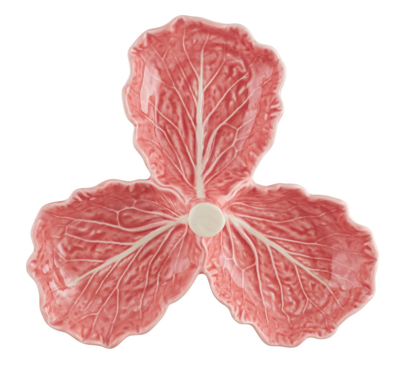 A ceramic serving dish from Hive's Pink Cabbage Leaf Dinnerware and Serveware Collection, shaped like three joined pink leaves with white veins. Part of the Pink Edition by Raphael Bordallo Pinheiro.