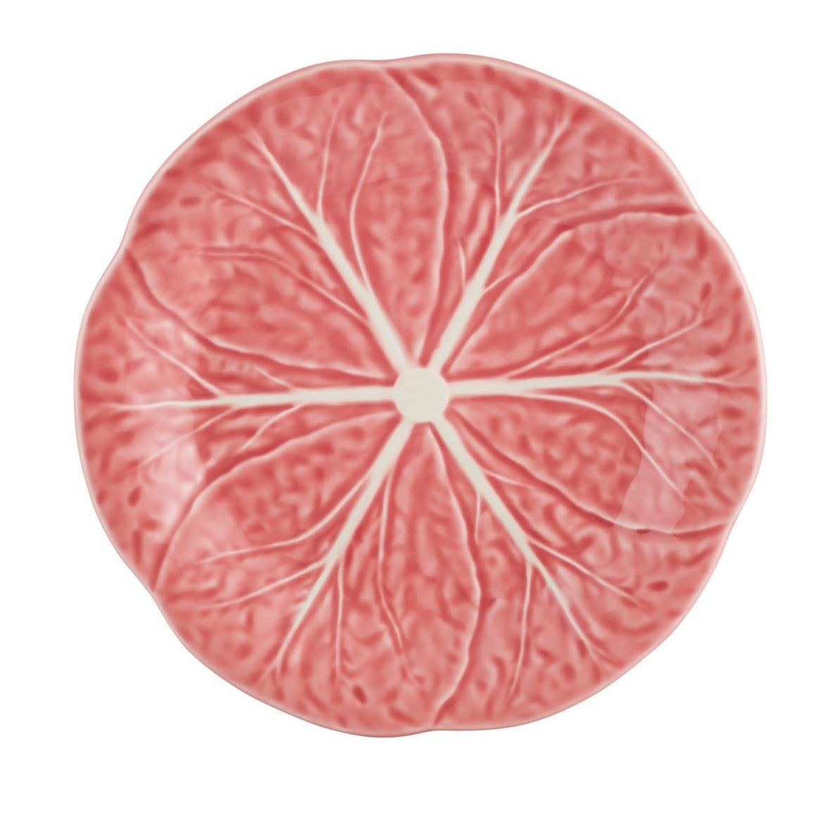 A round ceramic plate from Hive's Pink Cabbage Leaf Dinnerware and Serveware Collection, featuring a pink and white design reminiscent of delicate leaf patterns.