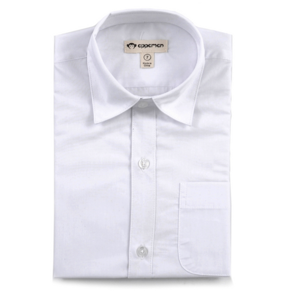 A white tailored Appaman longsleeve shirt with a spread collar, buttoned front, and chest pocket, displayed flat.
