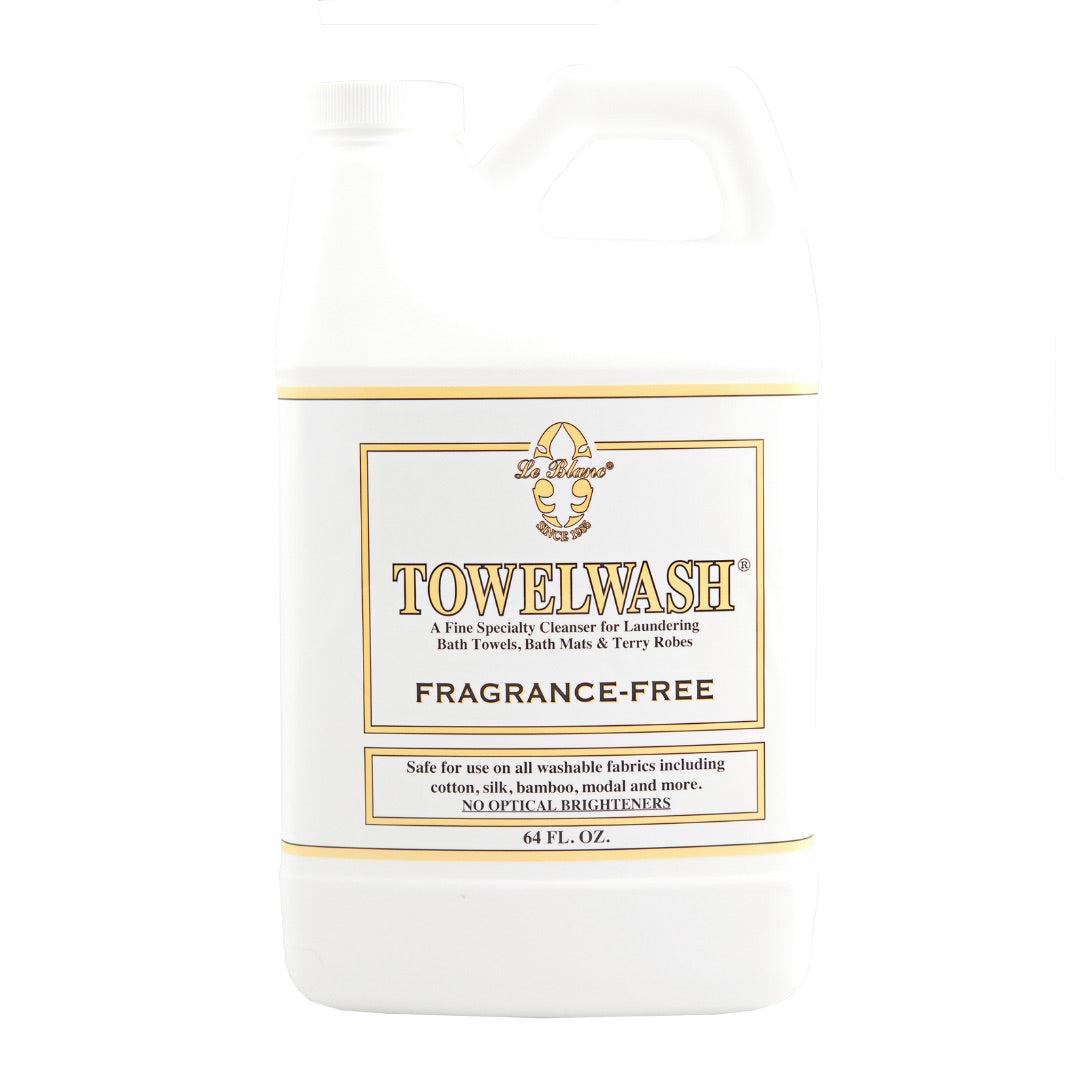 A 64 fl oz bottle of Le Blanc Towel Wash Fragrance-Free cleans absorbent towels, mats, and robes; safe for all washable and organic fabrics, with no optical brighteners.