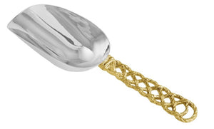 The Michael Aram Love Knot Ice Scoop features a shiny silver bowl and an ornate, gold-toned braided handle inspired by the Love Knot, symbolizing unity and togetherness.