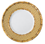 The Juliska Bamboo Caning Melamine Collection by Juliska features a round plate crafted from shatterproof melamine, with a gold decorative rim designed to resemble woven bamboo and surrounding a plain white center for added durability.