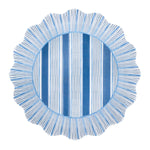 Round placemat with scalloped edge, subtle ruffle trim, and vertical blue and white stripes, accented by radiating blue lines. Pairs perfectly with Juliska’s Cabana Stripe Melamine Dinnerware Collection.