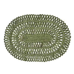 The Juliska Straw Loop Placemat Collection features handwoven green placemats with an open, looped design for natural texture, shown here on a white background.