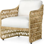 Thea Lounge Chair Natural by PALECEK features a natural rattan frame with white upholstered seat and backrest, shown on a white background.