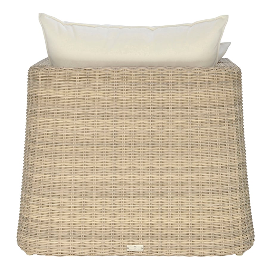 The Janus et Cie Zeya Outdoor Lounge Chair features beige wicker, a wide back, and a white cushion, shown from behind against a white background—ideal for stylish, weather-resistant outdoor living.