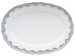The Herend Fish Scale Platter in Light Blue is an empty oval porcelain serving piece with a scalloped edge, gold trim, and a blue patterned border featuring elegant hand-painted designs.