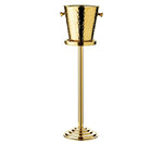 The EDZARD Capri Ice Bucket with Stand Collection features a tall, metallic gold stainless steel bucket with side handles on a matching textured stand—ideal as a champagne cooler for luxury hotel settings.