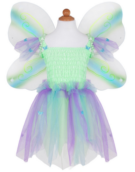 A child's Great Pretenders Butterfly Dress with Wings and Wand on a mannequin.