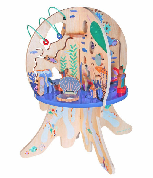 Colorful wood activity center shaped like an octopus, featuring bead mazes and sea creature figures for educational play - Manhattan Toy Deep Sea Adventure.