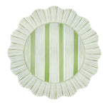 The Juliska Cabana Stripe Melamine Dinnerware Collection features a round, shatterproof dinner plate with ruffle trim scalloped edges, vertical green and white stripes, and a textured border—offering charm and durability to any table.